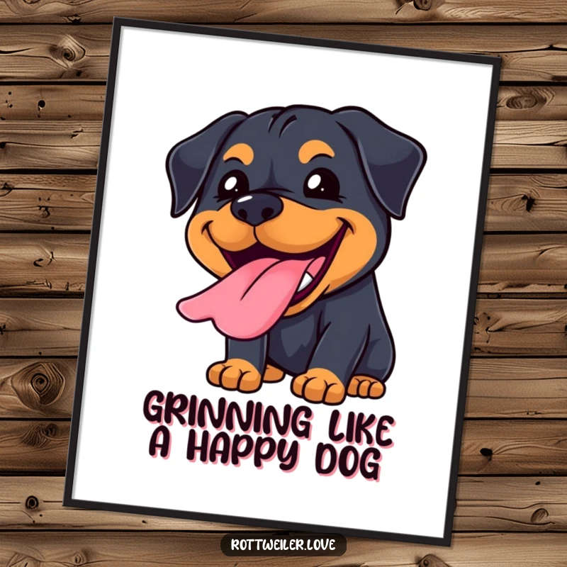 Funny Free Printable Wall Art: A Kawaii Rottweiler sporting a huge, joyful grin with its tongue lolling out happily.