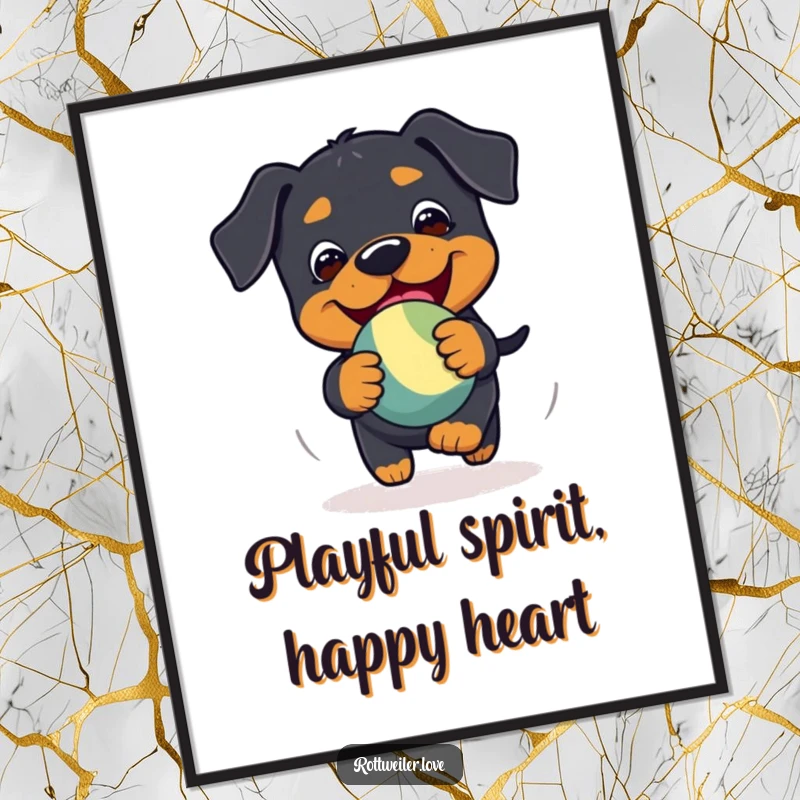 Funny Free Printable Wall Art: A playful Kawaii Rottweiler in mid-chase, gleefully pursuing a bouncy toy with excitement.
