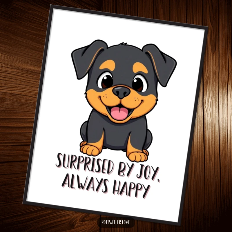 Funny Free Printable Wall Art: A Kawaii Rottweiler with a surprised but very happy expression, wide-eyed and cheerful.