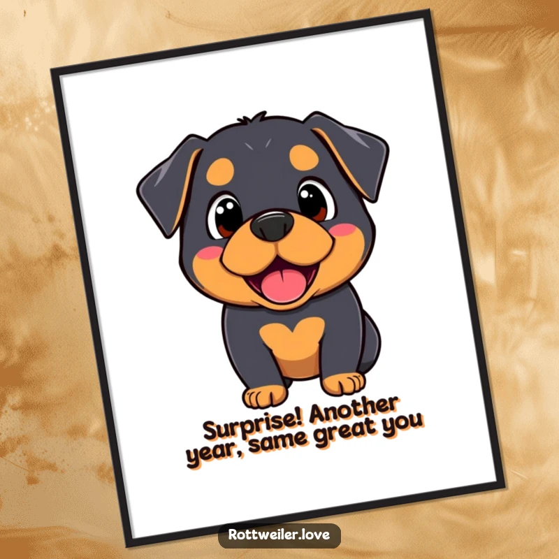Funny free printable wall art of a Kawaii Rottweiler with a comically surprised and happy expression, capturing a moment of delight.