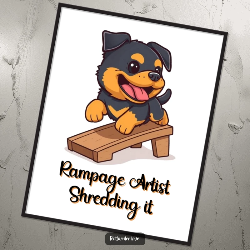 Funny Free Printable wall art of a Rottweiler gleefully barking as it slides down a small ramp, capturing a moment of pure, unadulterated fun.