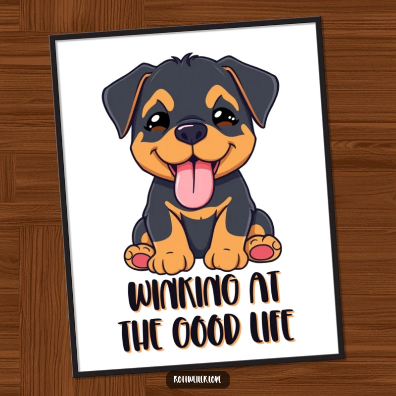 Funny Free Printable Wall Art: kawaii rottweiler puppy winks with a playful tongue out, adding cute humor.
