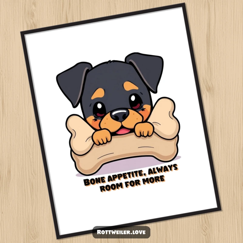 Funny Free Printable Wall Art showing a curious Rottweiler peeking playfully from behind a large, sturdy bone.