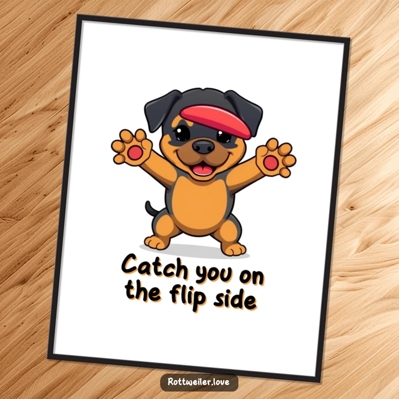 Funny Free Printable Wall Art depicting a Rottweiler with paws outstretched, impressively catching a frisbee mid-air.