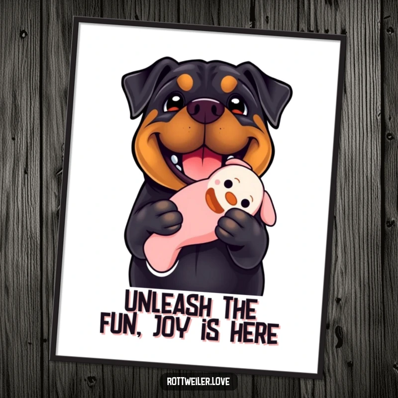 Funny free printable wall art captures a Rottweiler with an enormous smile clutching a floppy squeaky toy.
