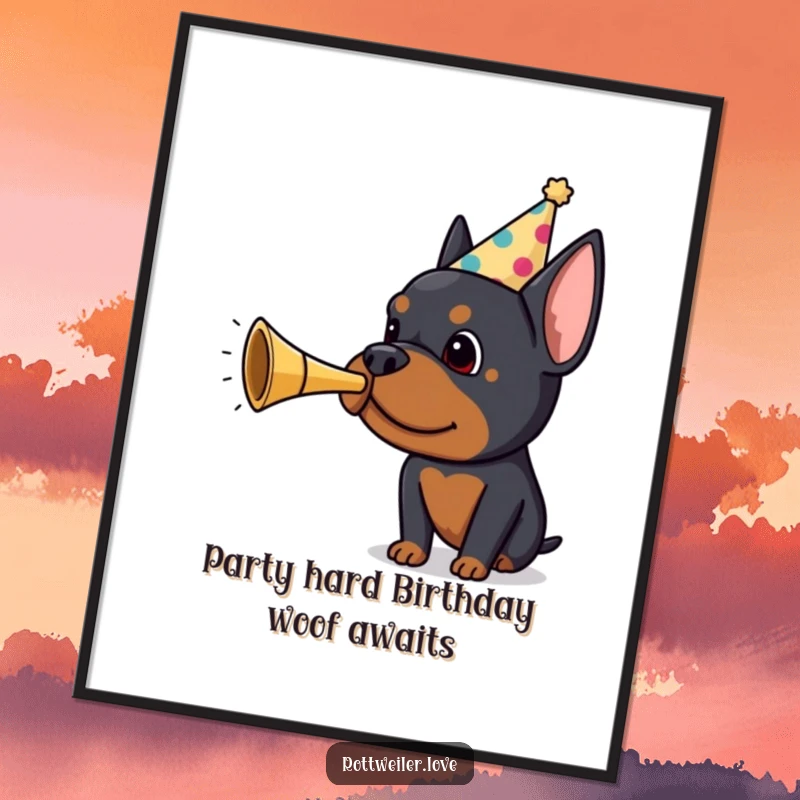 Funny Free Printable Wall Art: Rottweiler wearing party hat, blowing tiny horn, quirky dog decor, digital download.