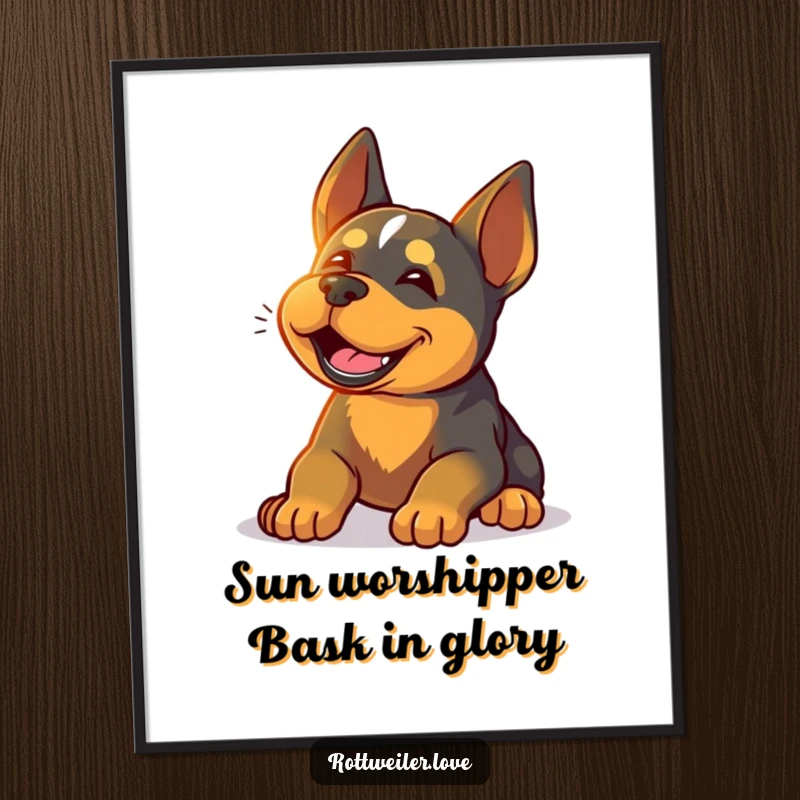 Funny Free Printable Wall Art: Rottweiler sighing happily in warm sunlight, relaxed dog art, serene decor, digital download.