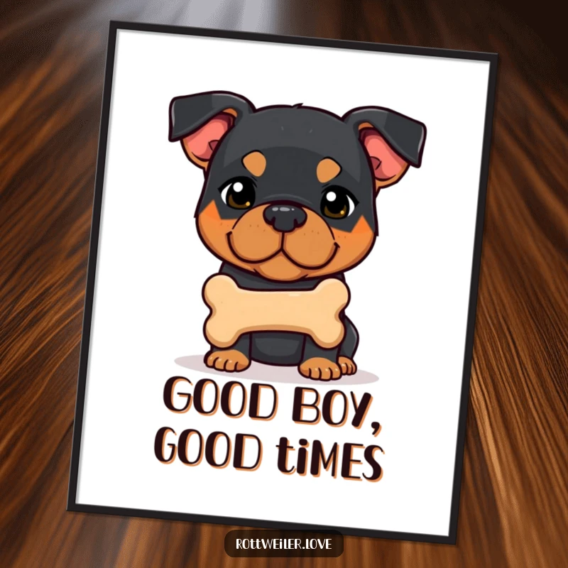 Funny Free Printable Rottweiler Wall Art: A shy dog offers a juicy bone with a hopeful expression, adding charm to your decor.