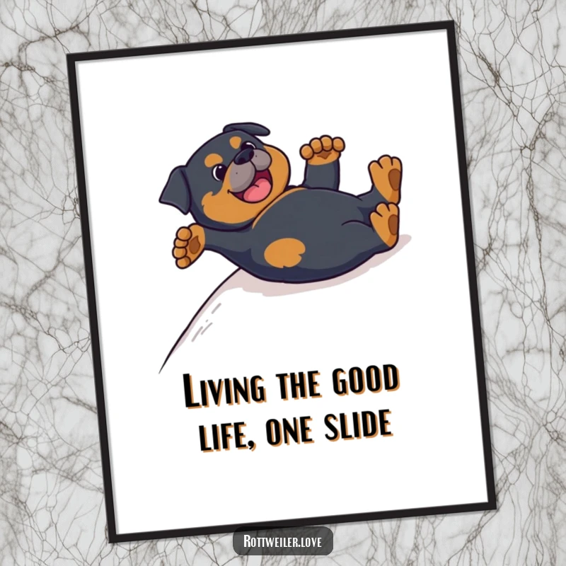 Funny Free Printable Wall Art: A happy Rottweiler slides on its back, paws in the air, bringing laughter.