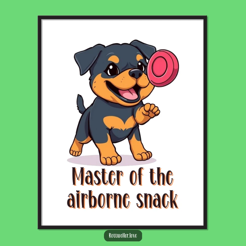 Free Printable Rottweiler Wall Art: Determined Dog Catching Frisbee Funny Downloadable Decor