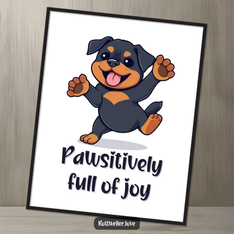Funny Free Printable Wall Art: Rottweiler doing a playful spin with paws in the air, a dynamic and humorous piece.