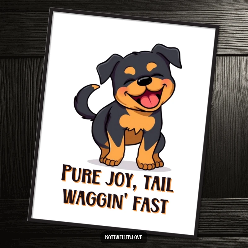Funny Free Printable Wall Art: A Rottweiler captured mid-wiggle, radiating pure joy with a furiously wagging tail. Happy dog art.