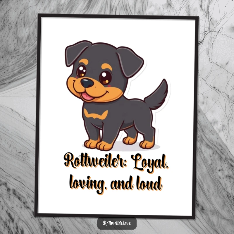 Funny Free Printable Wall Art depicting a happy Rottweiler with bright eyes, its tail wagging energetically.