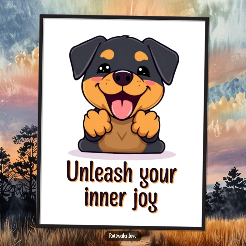 Funny Free Printable Wall Art: Kawaii Rottweiler with a happy bark and paws up, adding joyful decor.