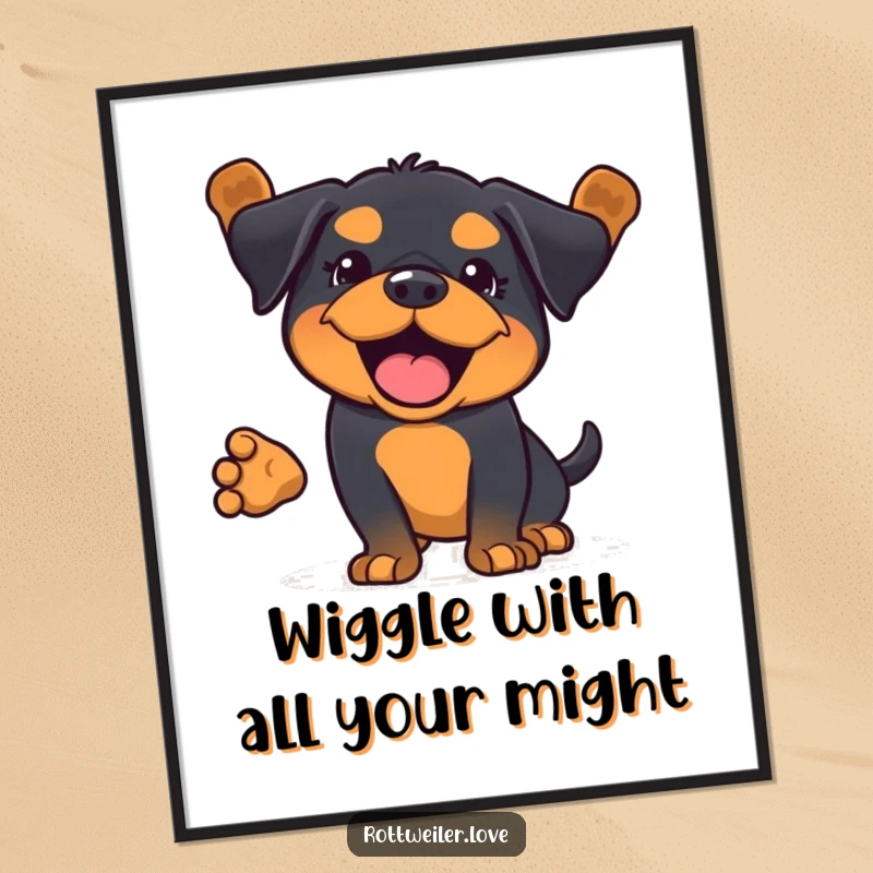 Funny Free Printable Wall Art: A lively Kawaii Rottweiler captured mid-wag, its entire body shaking with pure happiness.