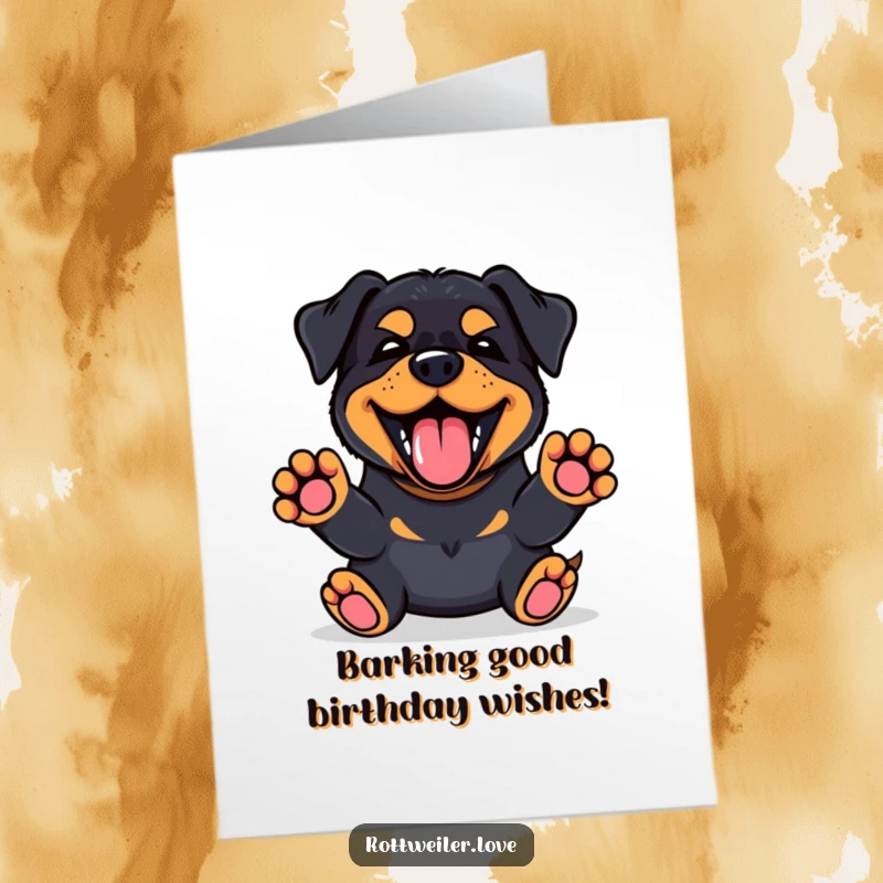 Funny Free Printable Birthday Card: Cute Kawaii Rottweiler barking happily with front paws raised in excited greeting.