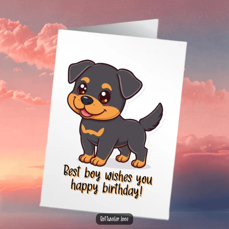 Funny Free Printable Birthday Card featuring a happy Rottweiler with bright eyes wagging its tail enthusiastically.