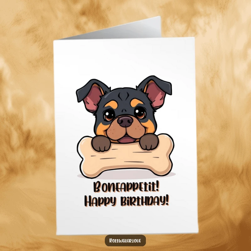 Funny free printable birthday card featuring a Rottweiler peeking playfully from behind an oversized dog bone, ready for treats.