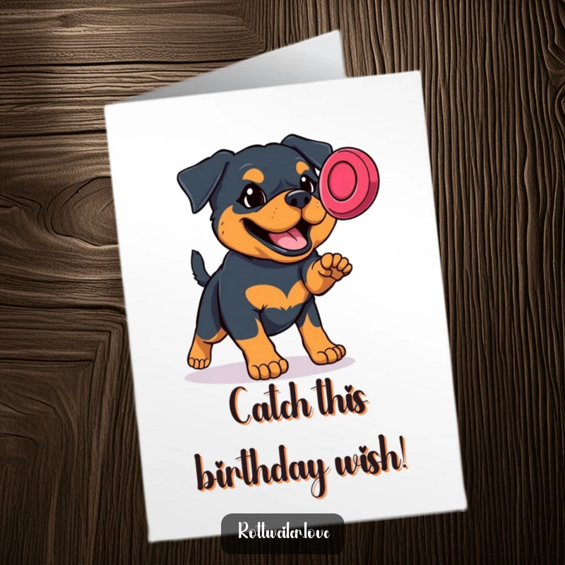 Funny free printable birthday card of a focused Rottweiler leaping to catch a frisbee, ready for your DIY celebration.