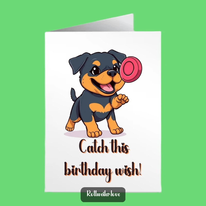 Free Printable Rottweiler Birthday Card: Determined Dog Catching Frisbee Funny DIY Gift