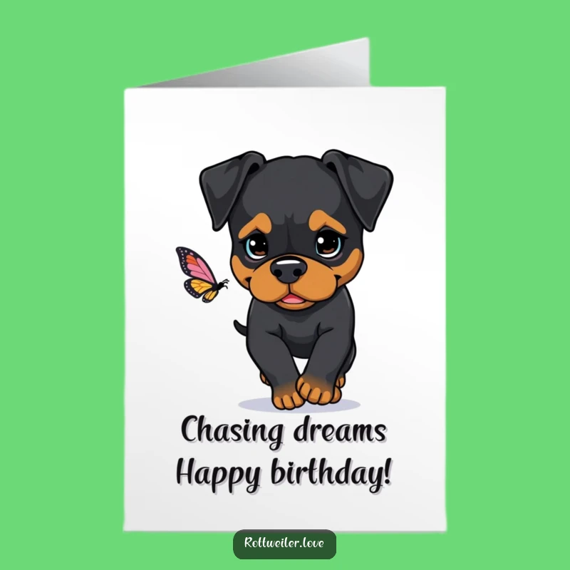Happy Birthday Rottweiler Free Printable Card: Funny Butterfly Chase Downloadable Gift