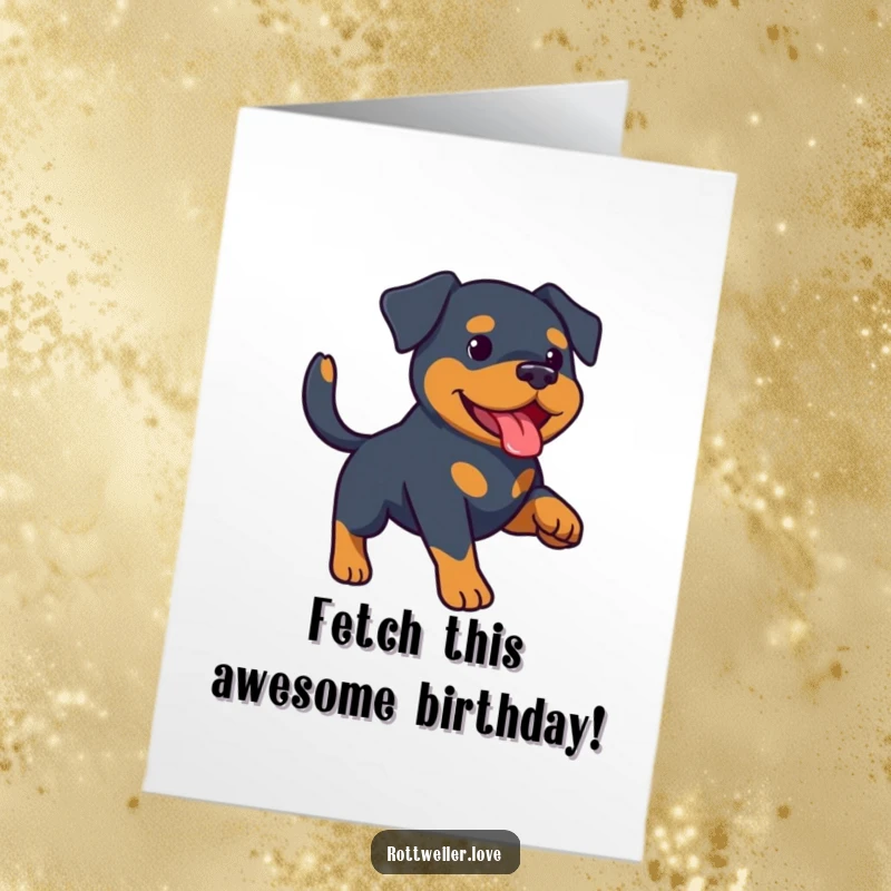 Funny Free Printable birthday card of a Rottweiler with a wagging tail, eagerly playing fetch, ready to celebrate with a smile.
