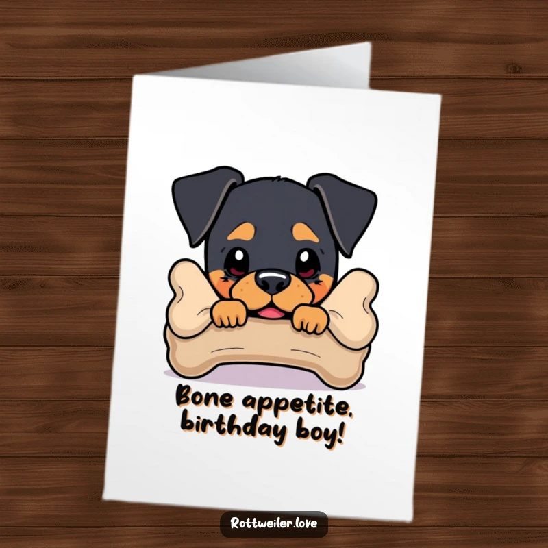 Funny Free Printable Birthday Card with a mischievous Rottweiler peeking from behind a large bone, inviting play.