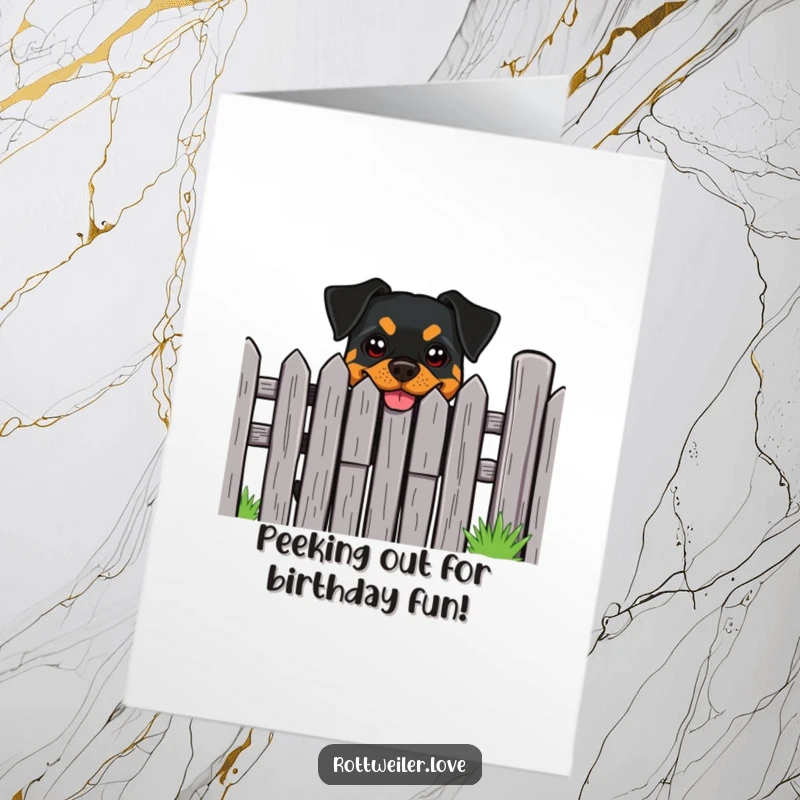 Funny Free Printable Birthday Card: Rottweiler with a wide, cheeky grin peeks playfully from behind a sturdy wooden fence.