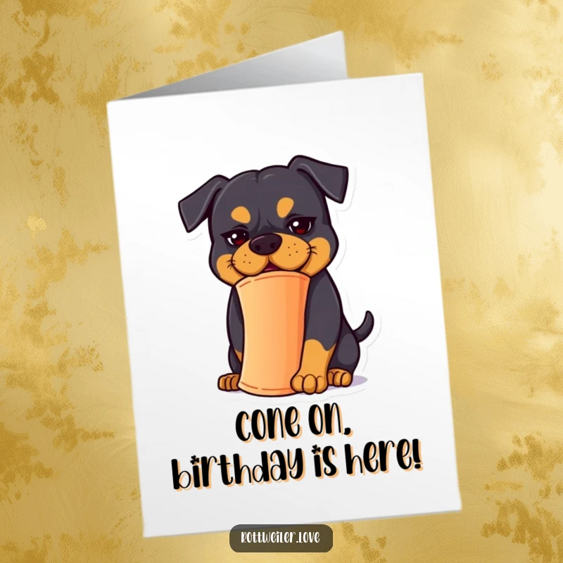 Funny Free Printable Birthday Card: Rottweiler with a goofy expression struggles to balance a party cone on its head.