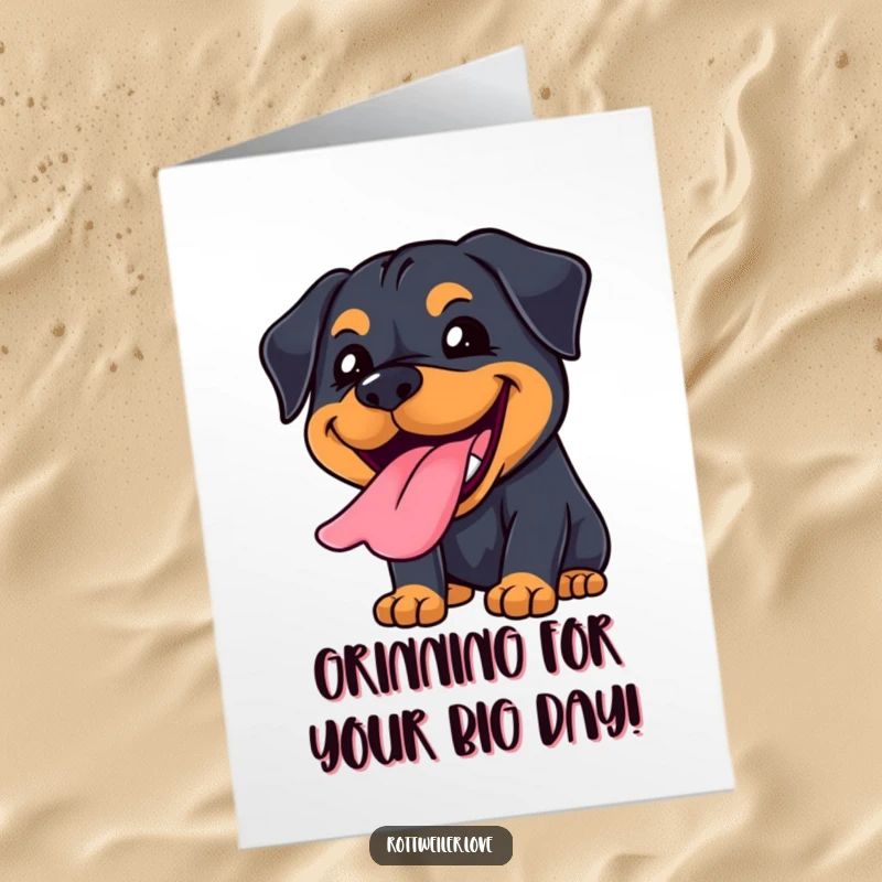 Funny Free Printable Birthday Card: Kawaii Rottweiler with a massive, joyful grin and its tongue playfully lolling out.