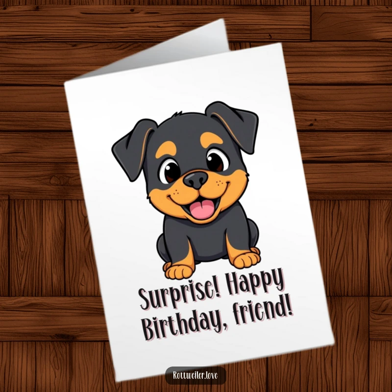 Funny Free Printable Birthday Card: Kawaii Rottweiler with a wonderfully surprised yet happy expression, eyes wide in delight.