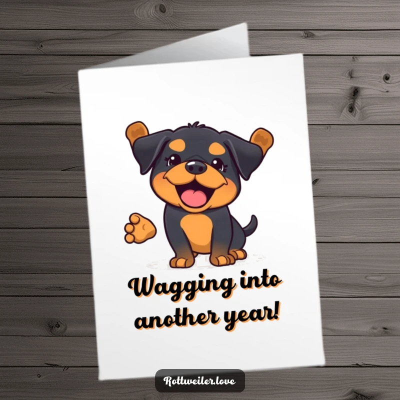 Funny Free Printable Birthday Card: Entire body wagging Kawaii Rottweiler radiating pure, unadulterated birthday excitement.