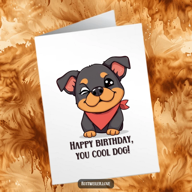 Funny free printable birthday card shows a Rottweiler wearing a silly bandana and giving a mischievous wink.