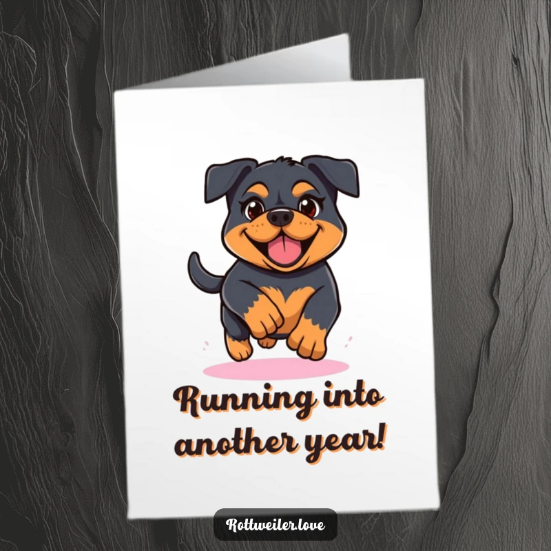 Funny free printable birthday card: A Kawaii Rottweiler running with determined cheer. A humorous downloadable card for active celebrations.