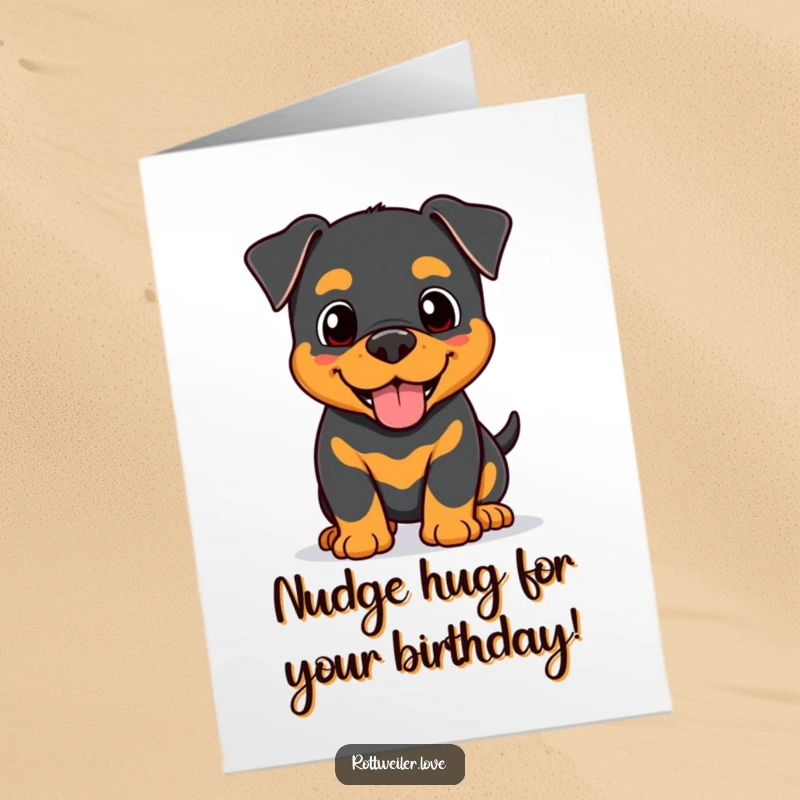 Funny free printable birthday card: A happy Kawaii Rottweiler giving a friendly, gentle head nudge. A heartwarming and humorous downloadable card.