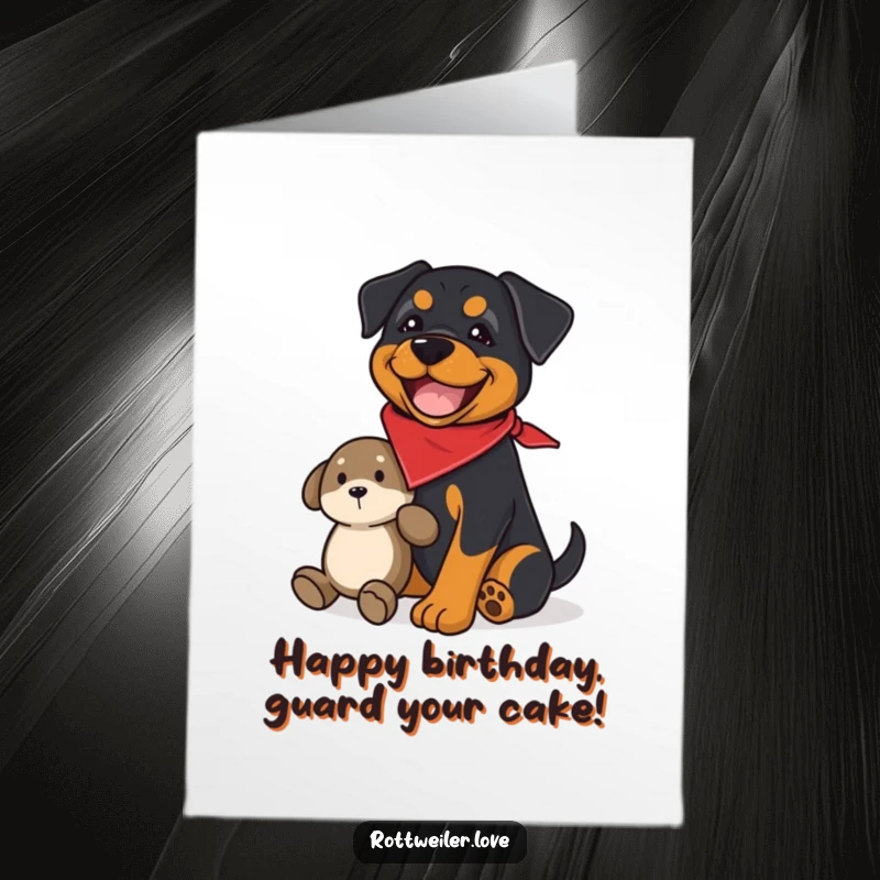 Funny Free Printable Birthday Card: Rottweiler in bandana, fiercely guarding a plush toy with a proud expression.