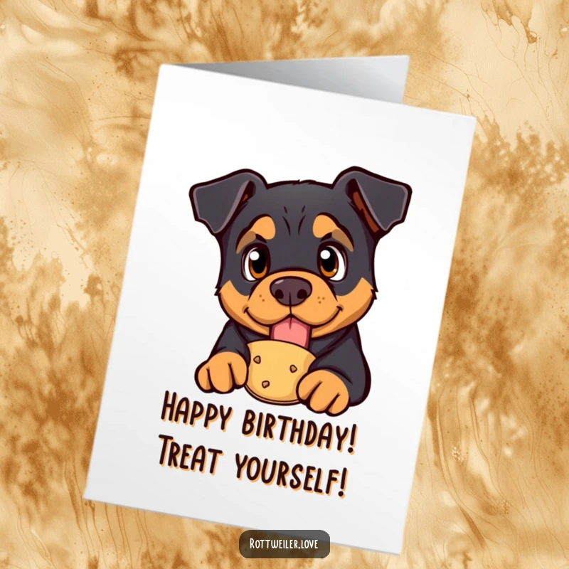 Funny Free Printable Birthday Card: Rottweiler with bright, curious eyes intensely focused on a presented treat.
