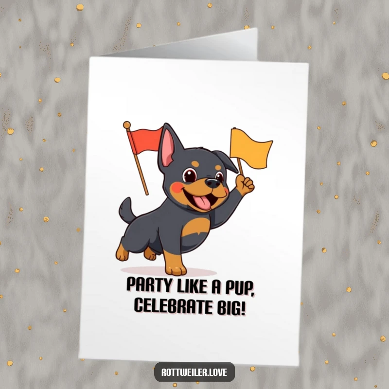 Funny Free Printable Birthday Card: An energetic Rottweiler joyfully waves a small, colorful flag.