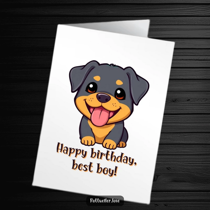 Free Printable Birthday Card showcasing a super cute kawaii Rottweiler with a happy, panting expression and a wagging tail.