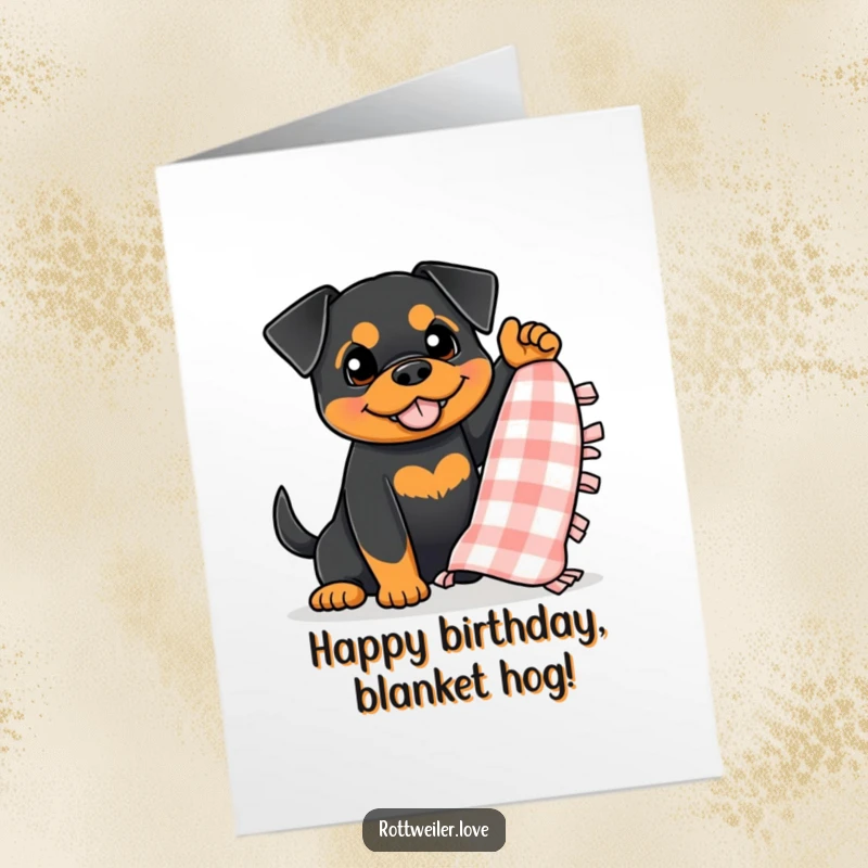 Funny Free Printable Birthday Card: A rottweiler enthusiastically waving a small, checkered blanket in celebration.
