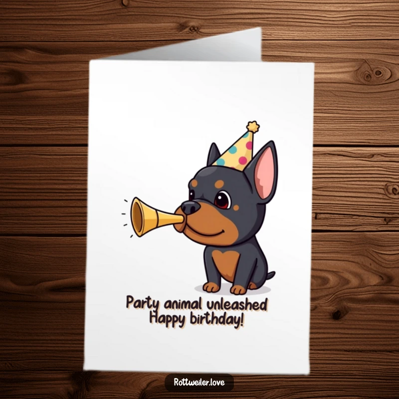 Funny Free Printable Happy Birthday Card: Rottweiler in Party Hat Horns, ready to party, downloadable dog art.