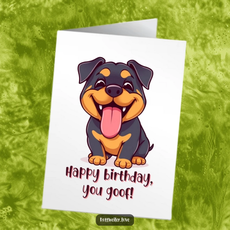 Funny Free Printable Birthday Card: Kawaii Rottweiler with a big, joyful grin and tongue lolling, celebrating happily.