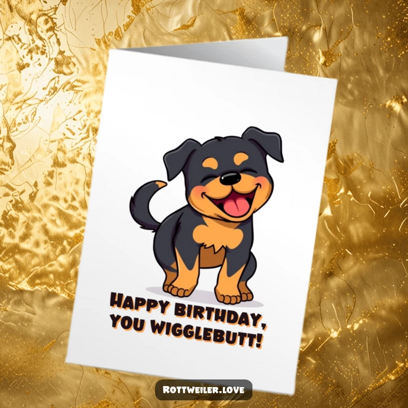 Funny Free Printable Birthday Card: A Rottweiler wiggling with pure joy, tail wagging furiously. Maximum happiness expressed!