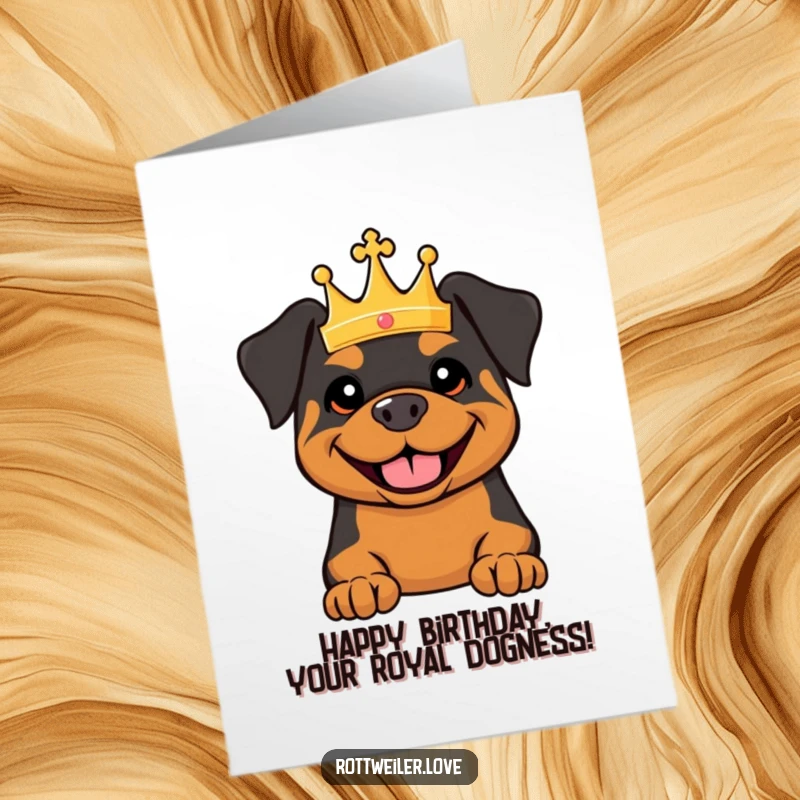 Funny Free Printable Rottweiler Birthday Card: A Rottweiler dog wearing a small golden crown and smiling widely.