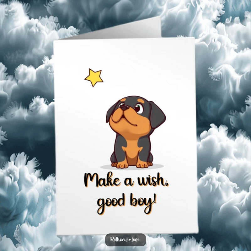 Funny Free Printable Birthday Card: A wide-eyed Rottweiler looks up in utter surprise at a single, luminous falling star.