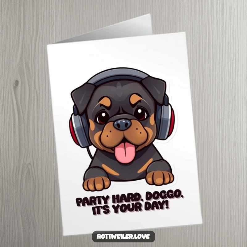 Funny Free Printable Rottweiler Birthday Card: A Rottweiler wearing huge headphones, bopping its head to the beat.
