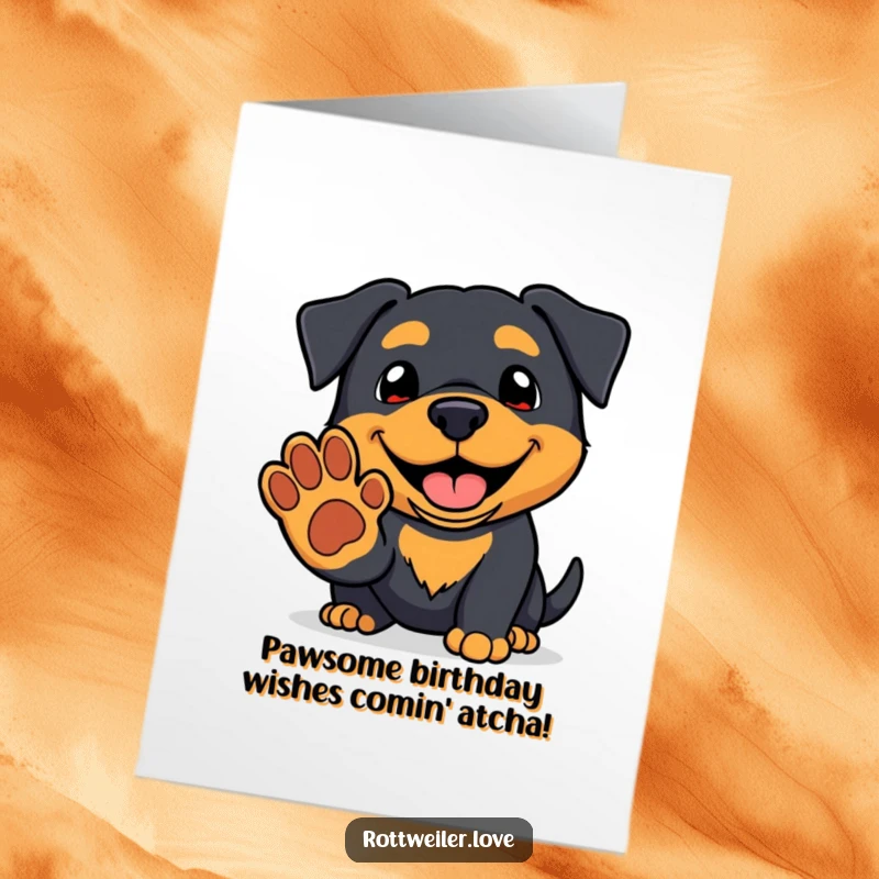 Funny Free Printable Birthday Card: Kawaii Rottweiler with a friendly grin, happily offering a paw for a birthday high-five.