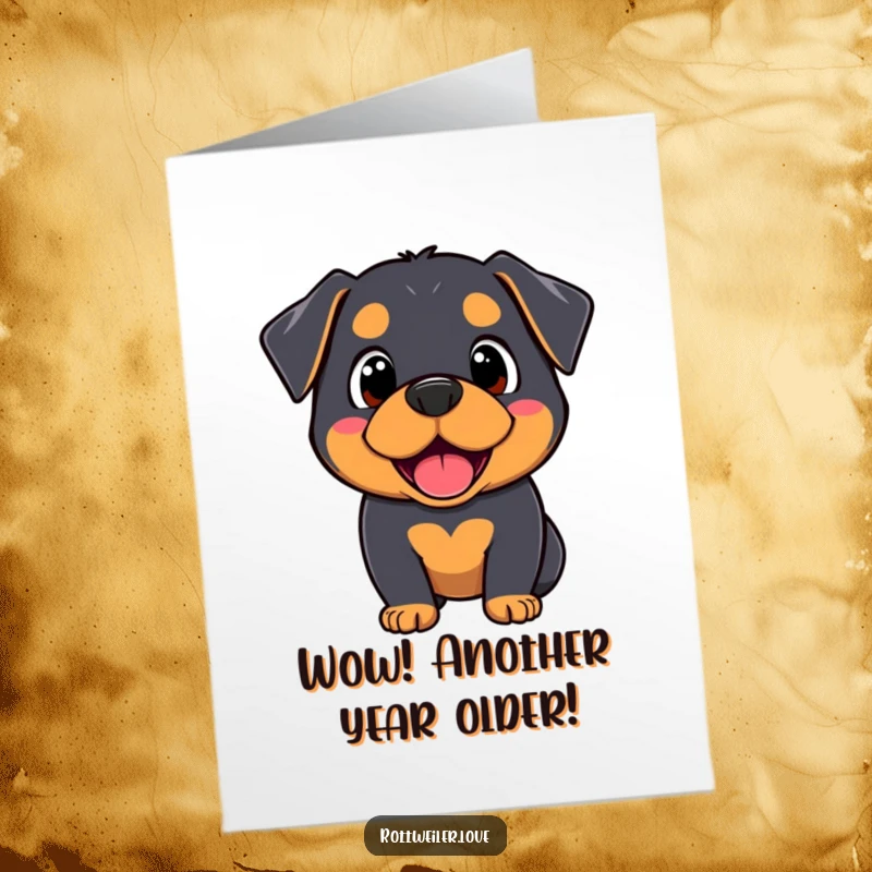 Funny free printable birthday card: Kawaii Rottweiler with a wide-eyed, happy surprise, wishing you the best birthday ever.