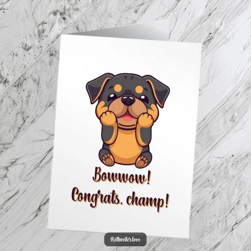 Funny free printable congratulations card showing a happy Rottweiler taking a playful bow with its front paws, celebrating success.