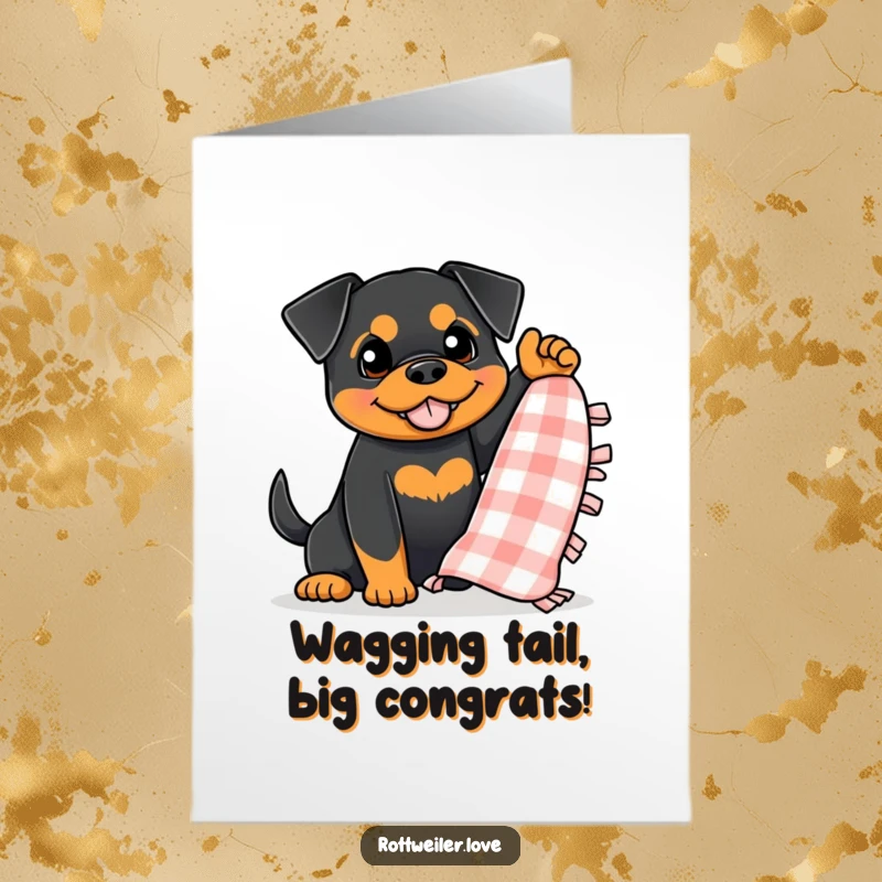 Free Printable Congratulations Card: An enthusiastic rottweiler waving a small, checkered blanket to celebrate your amazing achievement.